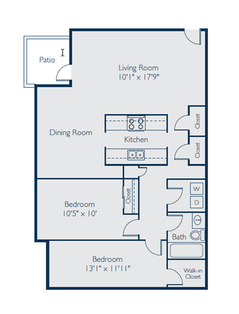 Floor plan for 2 beds, 1 bath, 1050 sqft